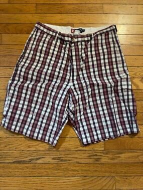 Chaps Plaid Cargo Shorts Mens 36 Red White Blue Cotton Casual Preppy Summer
